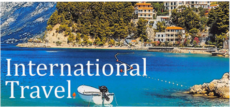 international travel graphic with boat on blue sea